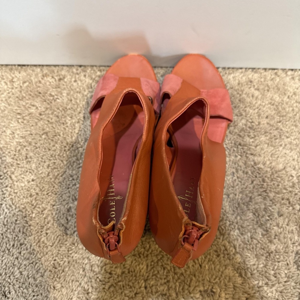 Cole Haan Sandals Shoes Womens Size 10 Orange Leather Wedge Zip Strappy Comfort - Picture 5 of 10